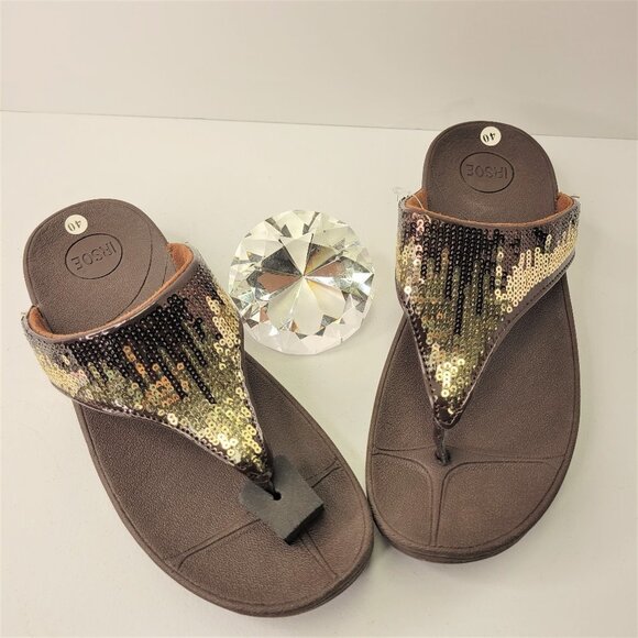 BROWN Sparkly Size 8 Summer Wedge Sandals Rhinestone Embellish Comfy Flip Flops - Picture 6 of 12